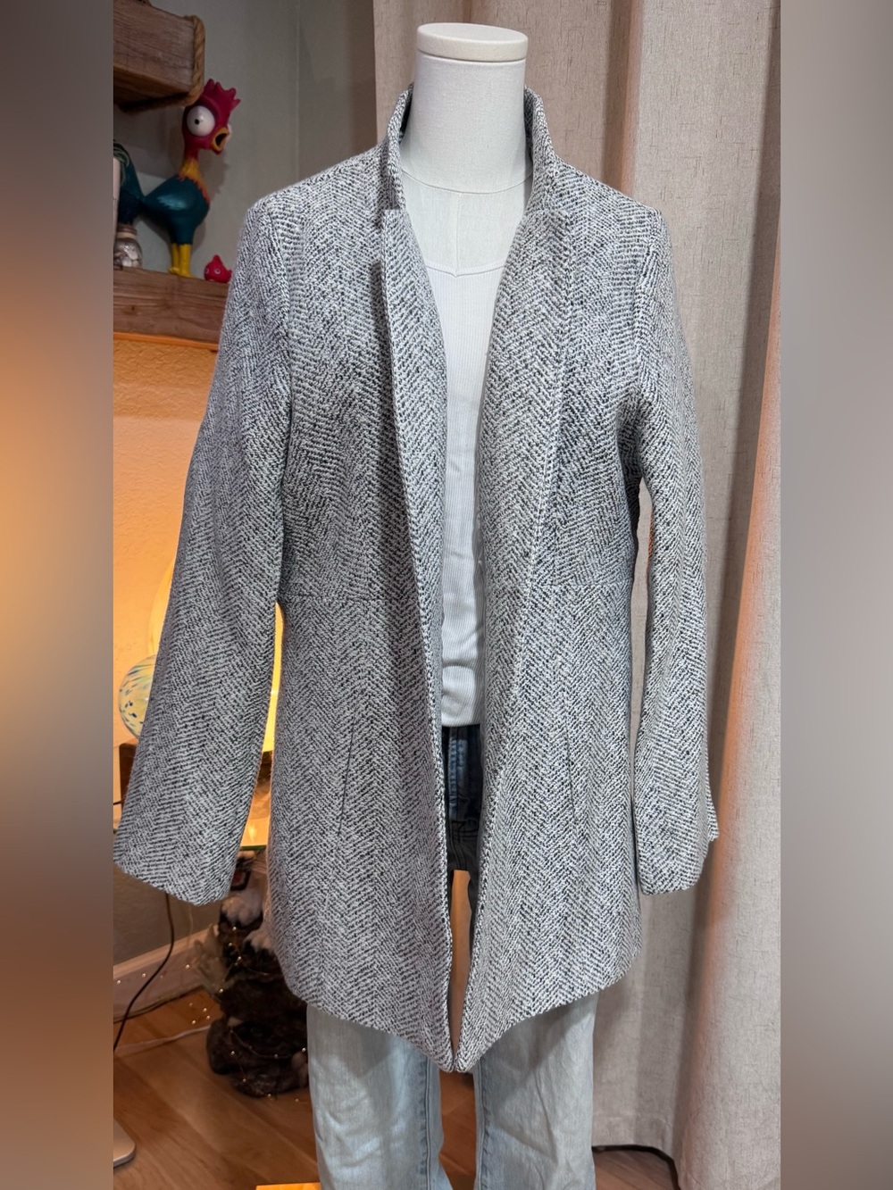 Women’s Gray Open-Front Herringbone Coat